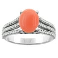 thumbnail image 1 of 14K White Gold Natural Coral Tri-split Ring Oval 9x7mm Diamond Accents, size 8.5, 1 of 4