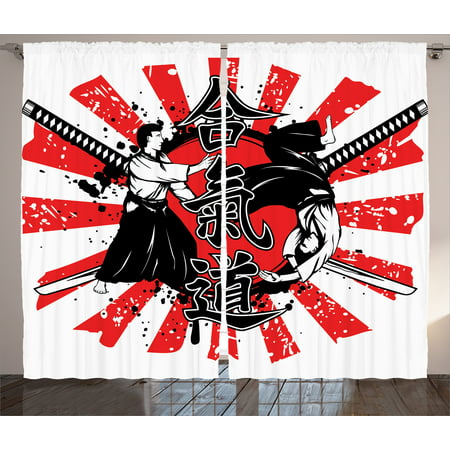 Japanese Decor Curtains 2 Panels Set, Crossed Samurai Swords Hieroglyph Background Two Ronin in Aikido Eastern Fight Style, Living Room Bedroom Decor, Red White, by (Best Sword Fighting Style)