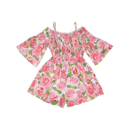 Kate Mack Daisy - Kate Mack Girls Pink Rose Flower Allover Print Off-Shoulder Romper