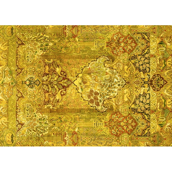Ahgly Company Machine Washable Indoor Rectangle Persian Yellow Traditional Area Rugs, 7' x 9'