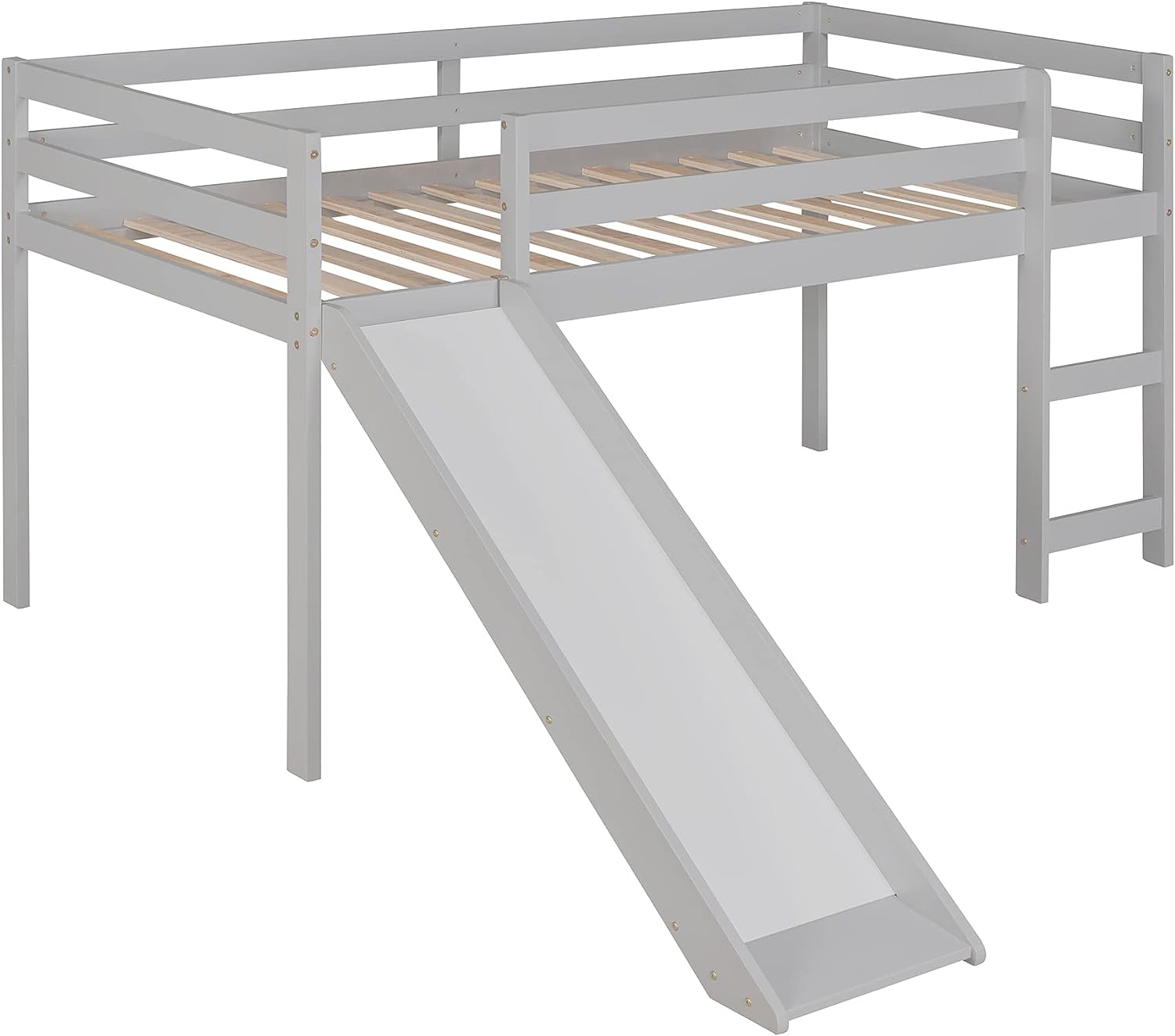DEALTOPS Twin Size Junior Wood Loft Bed with Slide Loft Bunk Bed Frame for Girls Boys,No Box Spring Needed - Gray