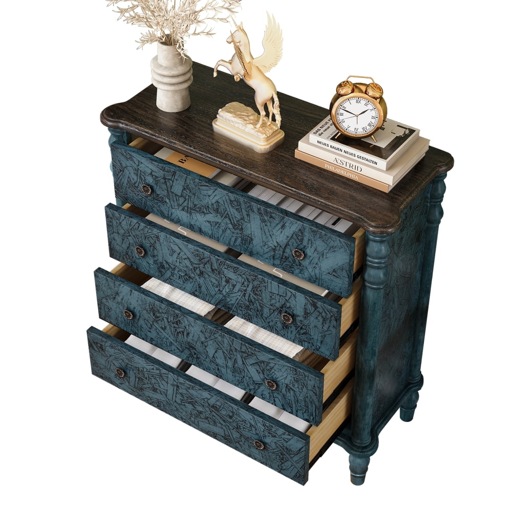 Farmhouse 32 Tall Chest of Drawers Narrow 4-Drawer Wood Dresser for Bedroom Closet & Hallway Rustic Storage Cabinet with Solid Pine Legs Colorful Finish