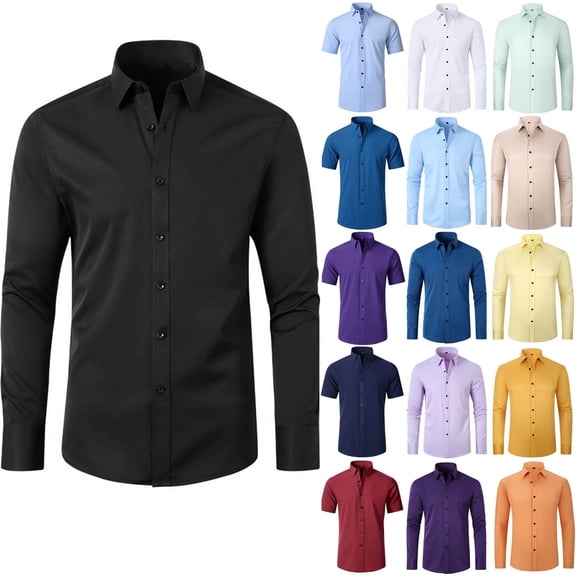 Elvqul Long Sleeve Shirts for Men Solid Button up Cotton Mens Tops Black Collared Shirts