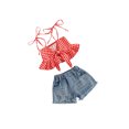 thumbnail image 2 of Mialoley Toddler Girls 2Pcs Summer Outfits, Sleeveless Plaid Print Ruffle Tops + Ripped Denim Shorts Set, 2 of 8
