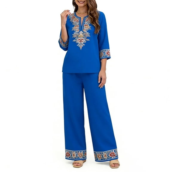 Floleo Women Boho Two Piece Outfit V Neck 3/4 Sleeve Floral Print Top Wide Leg Pants Vacation Matching Set