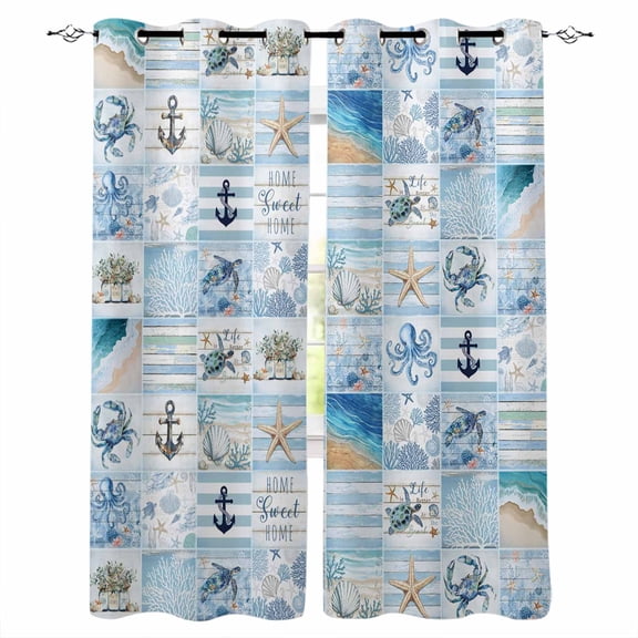 Blue Coastal Blackout Curtains 54 Inches Long, Turtle Nautical Anchor Octopus Starfish Coral Thermal Insulated Black Out Curtains, Darkening Window Curtain for Bedroom Living Room 45"x54" 2 Panels