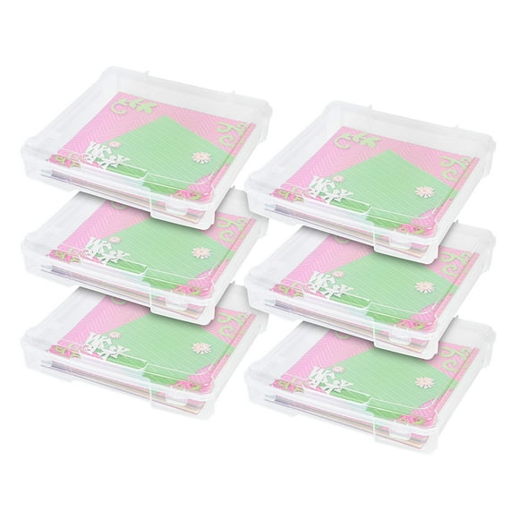 IRIS USA 6 Pack Clear Scrapbook Paper Storage Boxes, Portable Craft and Art Project Case for 12 x 12 File Paper, Plastic Storage Box Office Documents Holder