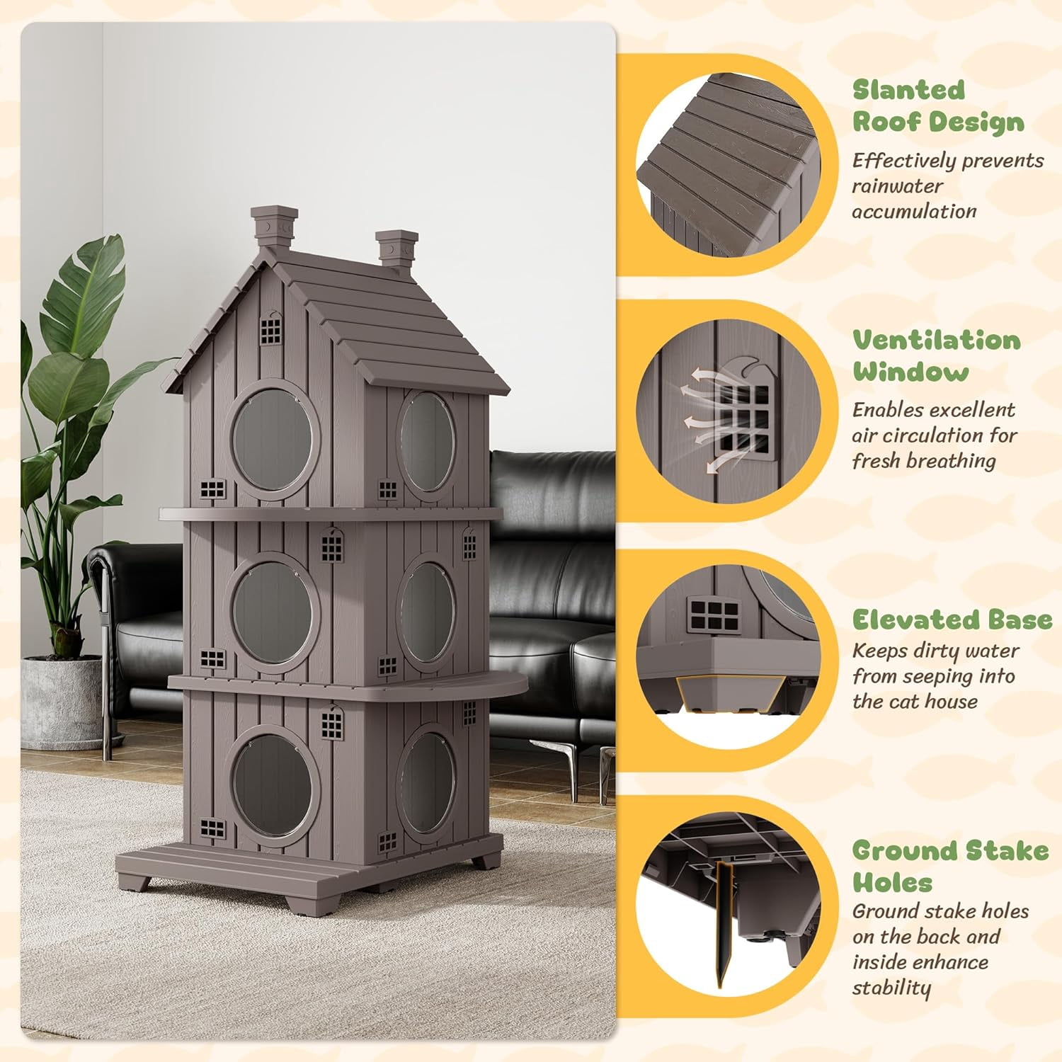 FICARTS Indoor/Outdoor Cat House, Weather-Resistant Pet Shelter with Elevated Base, Multi-Entry Cat Cottage for Feral & Household Cats
