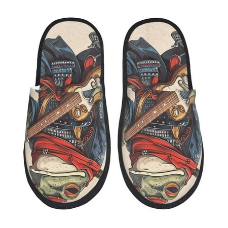 

Fuzoiu Samurai Frog Guitar Print Unisex Furry Slippers Plush Indoor Shoes Trendy House Slippers Anti-Skid EVA Sole House Shoes for Home Office and Travel -Large