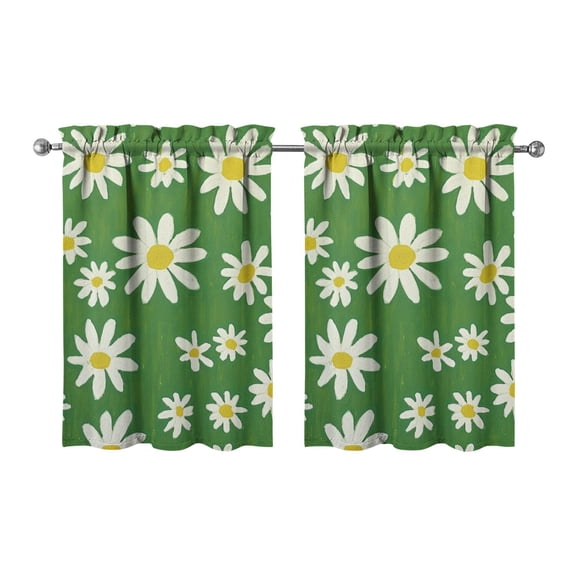 Summer Daisy Floral Kitchen Curtains Set - Yellow White Boho Vintage Print Semi-Sheer Panels, 27.5x36 Inch