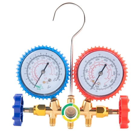3 Way AC Manifold Gauge Set for R134A, R12, R22 & R502 Refrigerants, 410 Adapter, Puncturing Can Tap & Valve Core Tool, for Household AC Maintenance