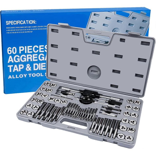 Tap and die set Set of 60 metric and SAE standard taps and dies - Rethreading tool kit for cutting external and internal threads - With accessory stor