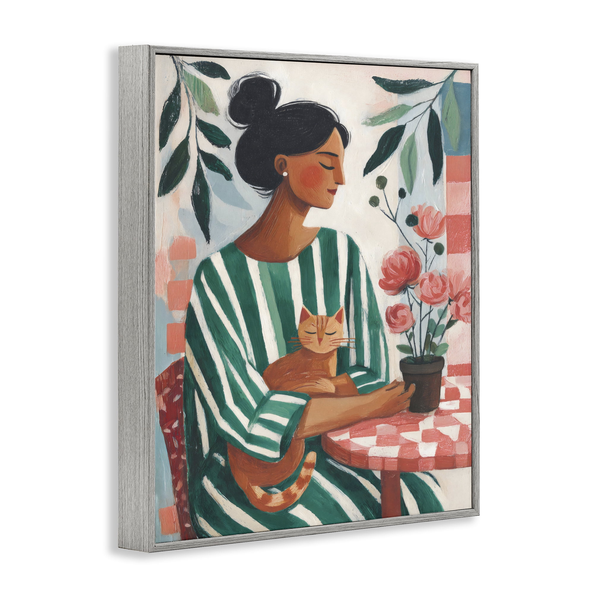 Stupell Industries Cat Lady in Striped Dress Gray Framed Giclee Art, design by Sisi and Seb