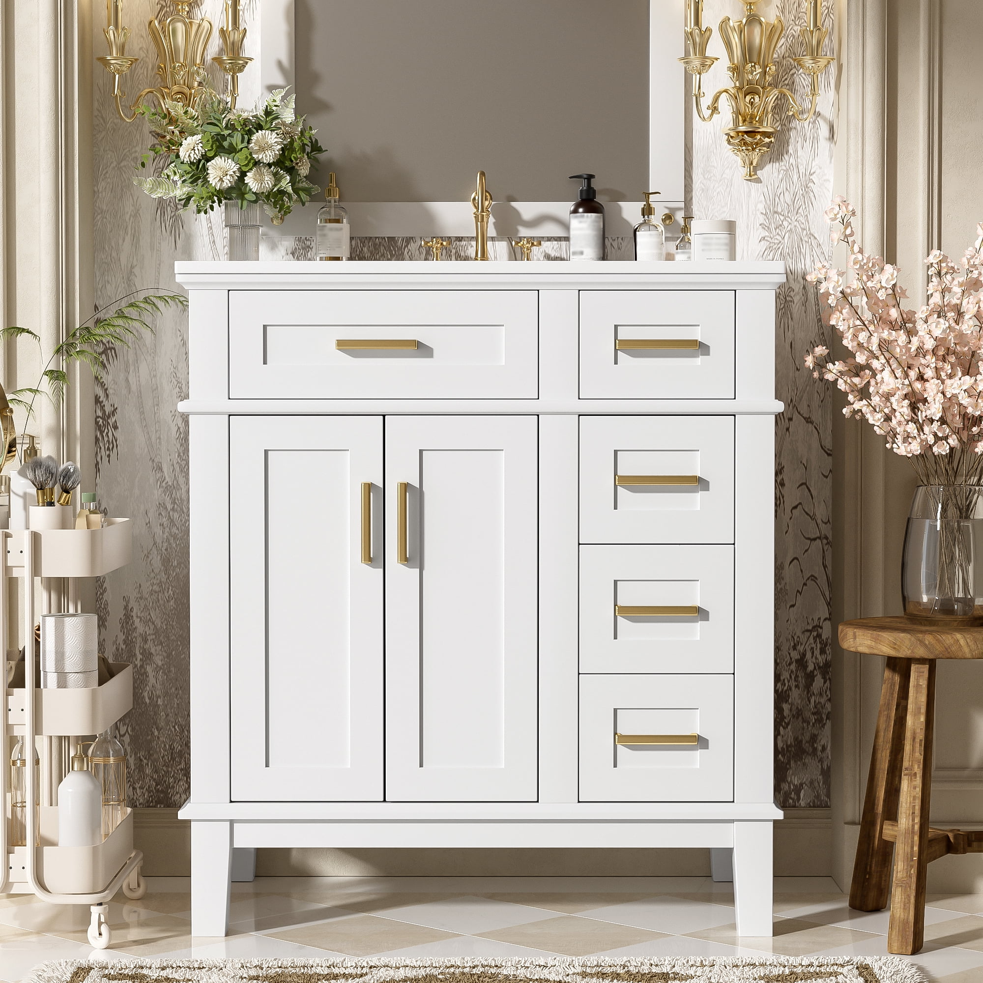 Euroco 30" Bathroom Vanity with Ceramic Sink, Deep & Standard Drawers, Stylish Bath Vanity for Small Bathrooms