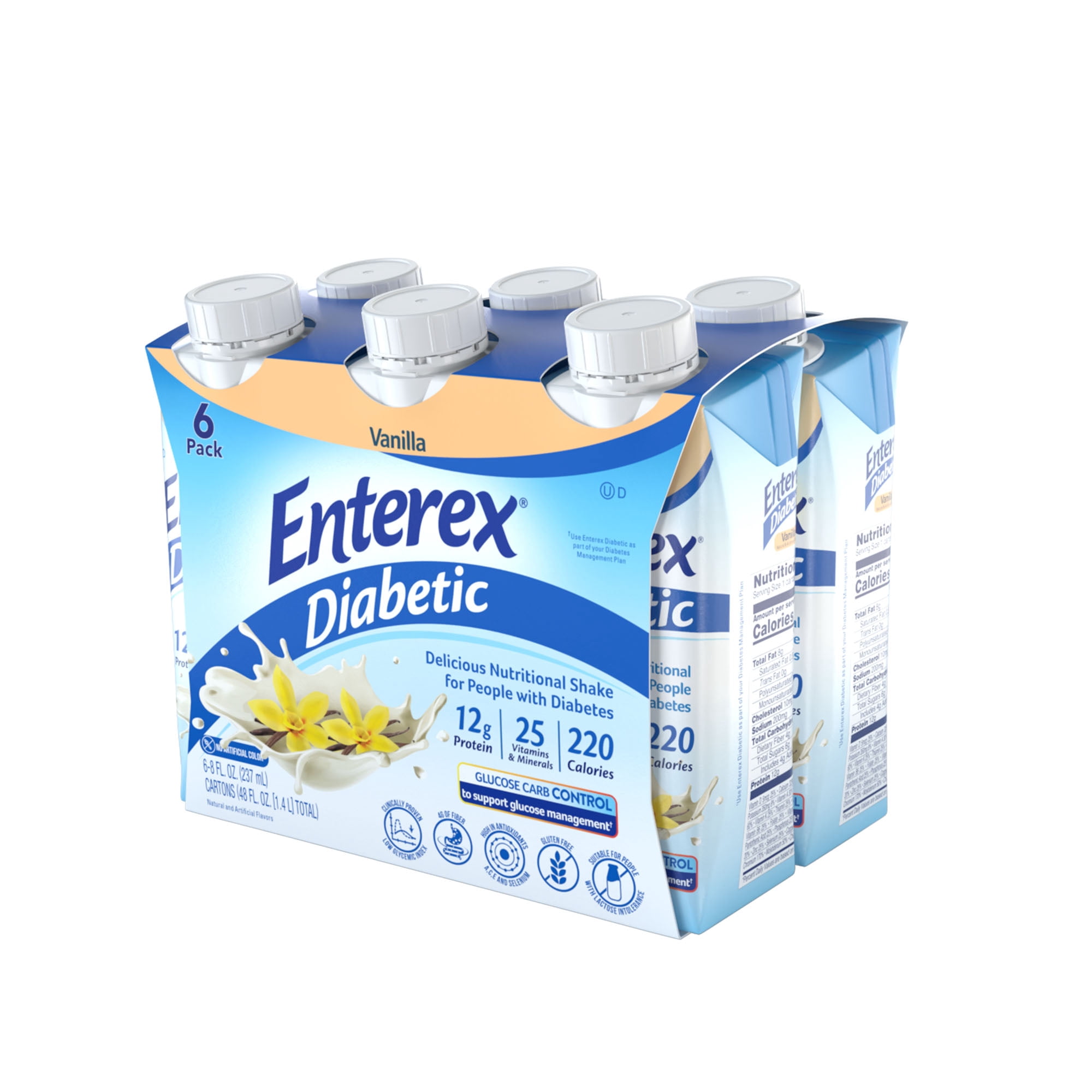 Enterex Diabetic Nutritional Meal Replacement Shake,for People with Diabetes, Vanilla, 8 Fl oz Carton, 6 Pack