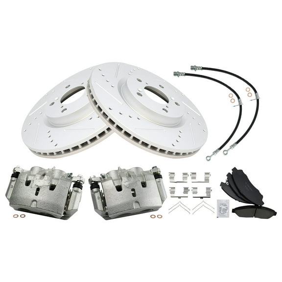 TRQ Front Performance Brake Pad & Rotor Kit Brake Caliper Brake Hose Brake Pads Brake Rotors Set Ceramic Premium G-Coated Fits Select 2009-2015 Honda Pilot