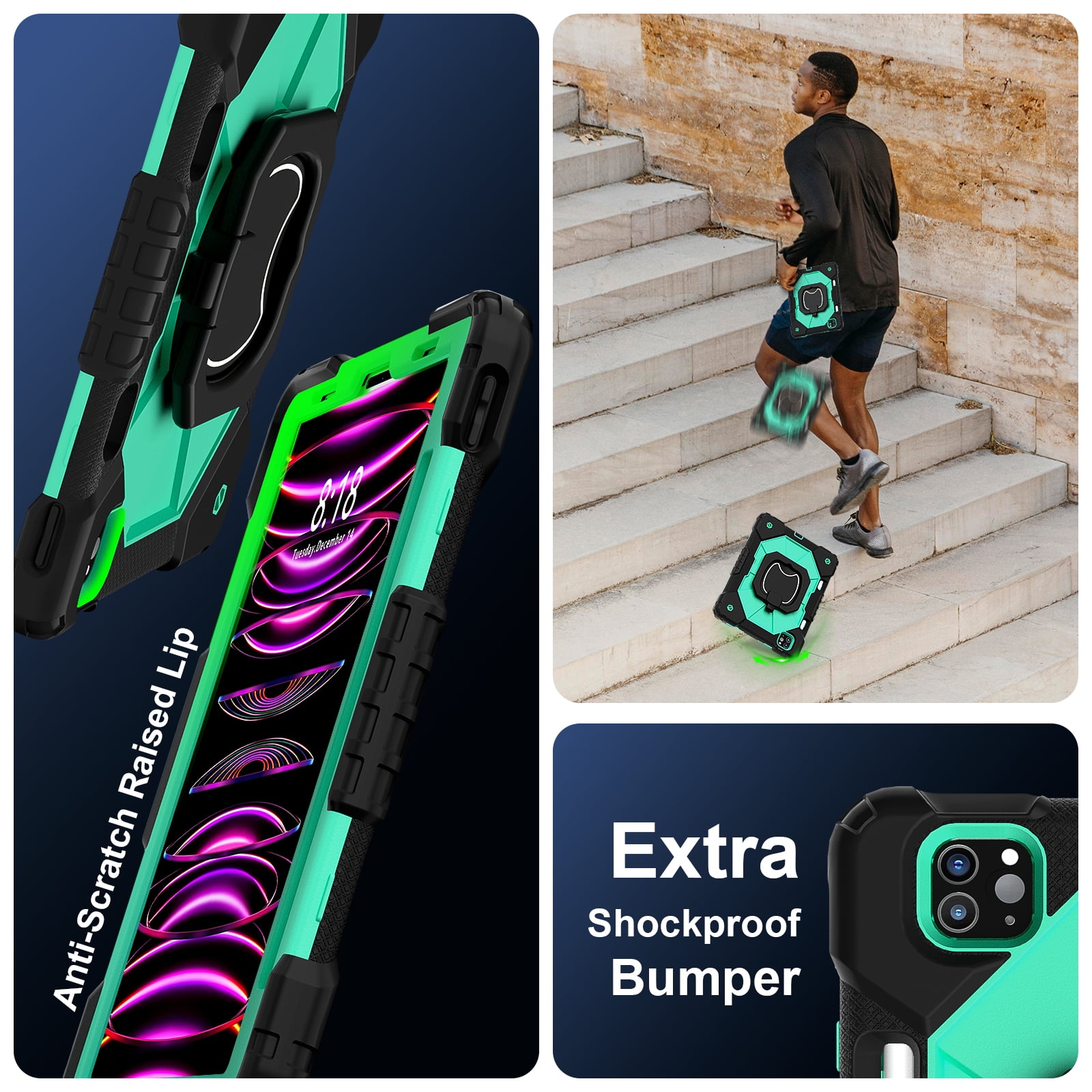 Shockproof Case for Apple iPad Pro 11 M4 2024, Build in Pencil Holder Rotating Stand Shoulder Strap Bumper Shockproof Rugged Kids Friendly Case Cover for iPad Pro 11 Inch M4 2024, Black+Mint