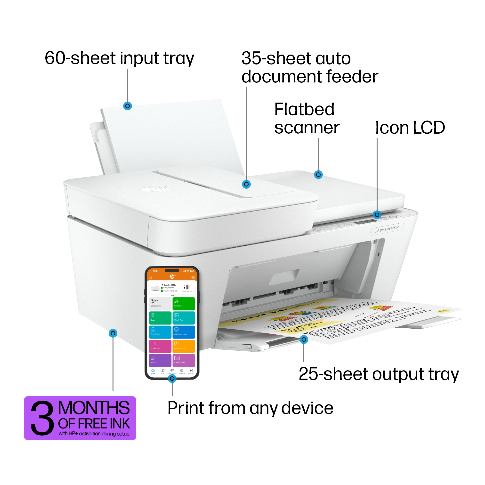 HP DeskJet 4252e Wireless All-in-One Color Inkjet Printer (White), Scanner, Copier, 3 months Free Instant Ink