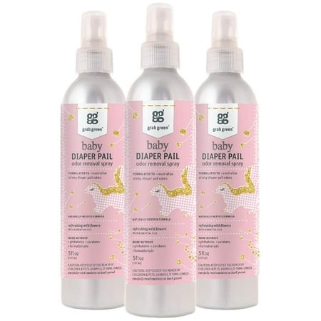 Grab Green Natural Baby Diaper Pail Odor Removal Spray, Plant-Based & Biodegradable, Refreshing Wildflowers Fragranceâ€”with Essential Oils, 5 fl oz (3-Pack)