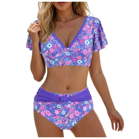 vigerkar Women s High Waisted Bikini Sets Two Piece Swimsuits Cheeky High Cut Bathing Suits Purple  5XL