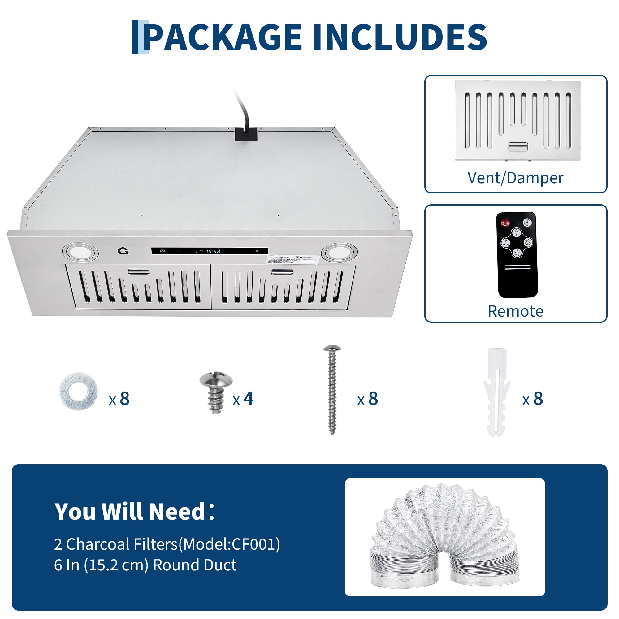 30 Inch Stainless Steel Range Hood, Under Cabinet Kitchen Hood 450CFM, Convertible Ducted/Ductless, Remote Control, 3-Speed Touch Screen, Baffle Filters, LED Lights