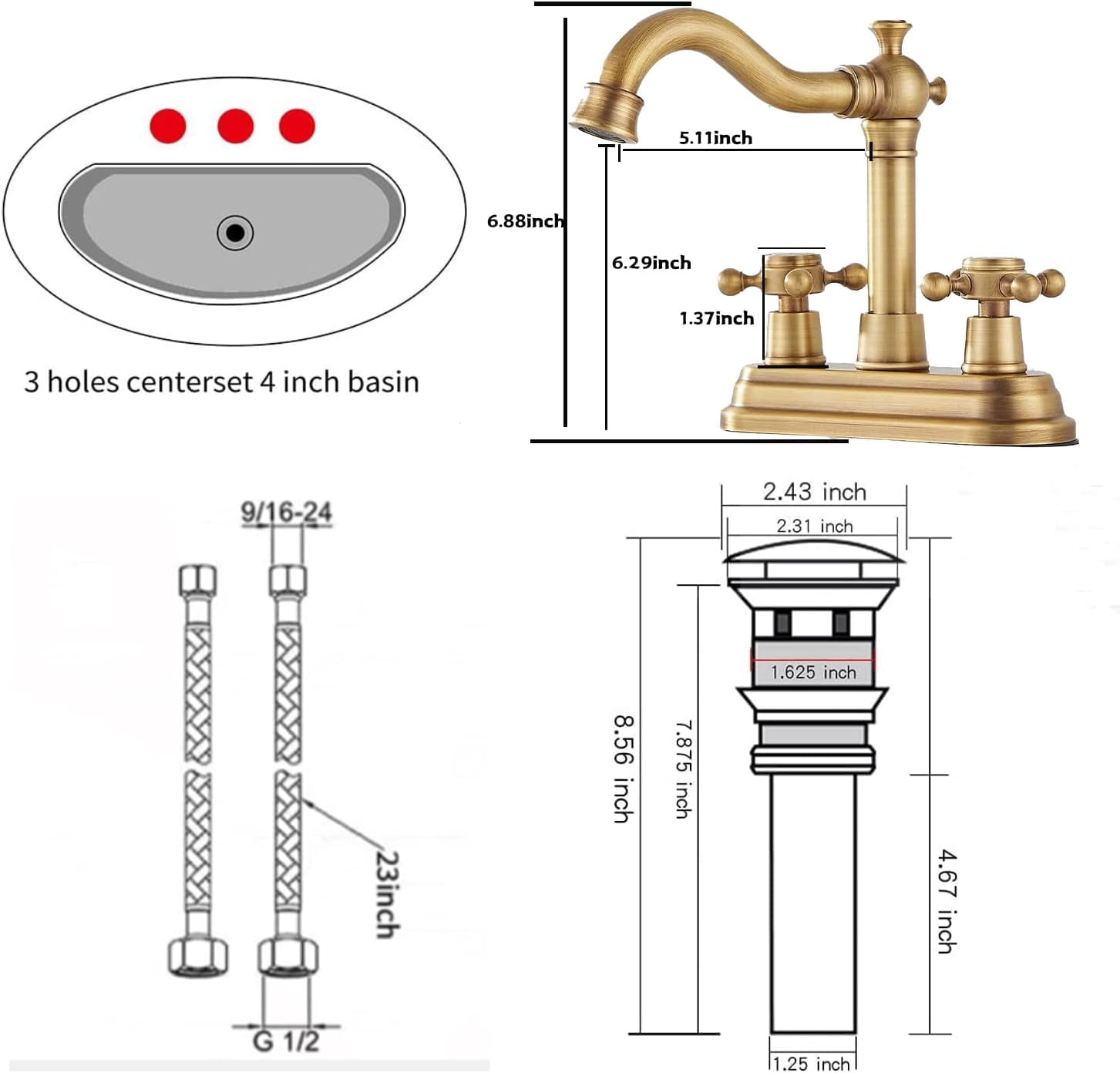 Antique Brass Bathroom Faucet - 2 Handles, 4 Inches Centerset, RV Vanity With Drain Assembly and Supply Hose - Lavatory Mixer Double Handle Tap