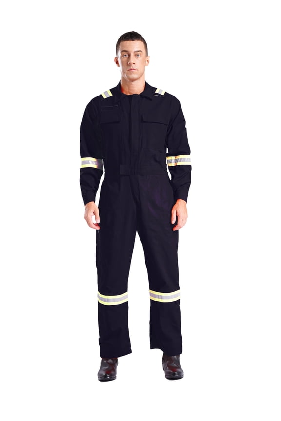 Men's One Piece Cotton Work Jumpsuit Reflective Straps Full Body Coveralls Mechanics Workwear Navy Blue L