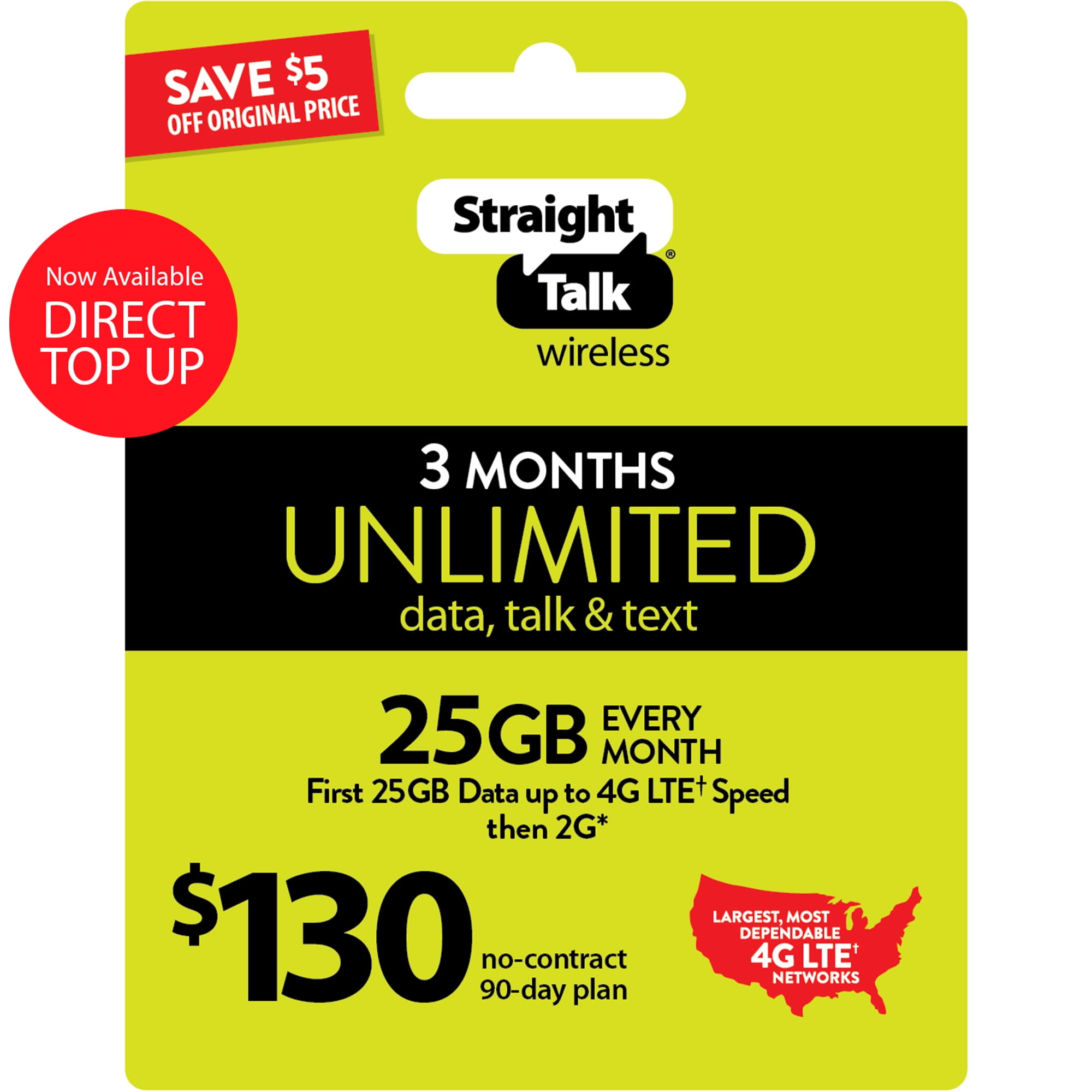 Straight Talk 130 Unlimited 90Day Prepaid Plan (25GB at High Speed