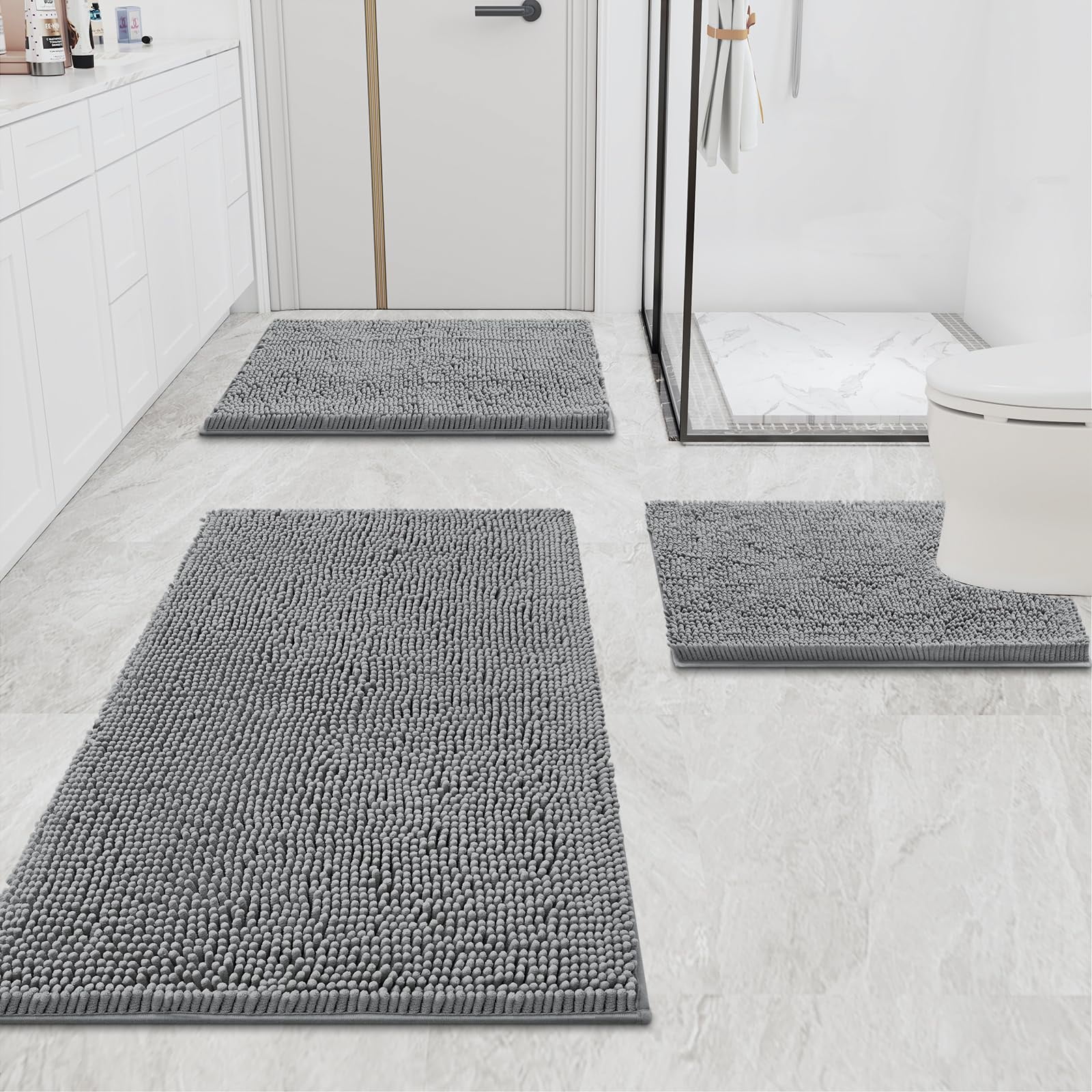 Smiry Luxury Chenille Bathroom Rugs, Extra Soft and Absorbent Bath Mat, Dark Grey, 16"x24"