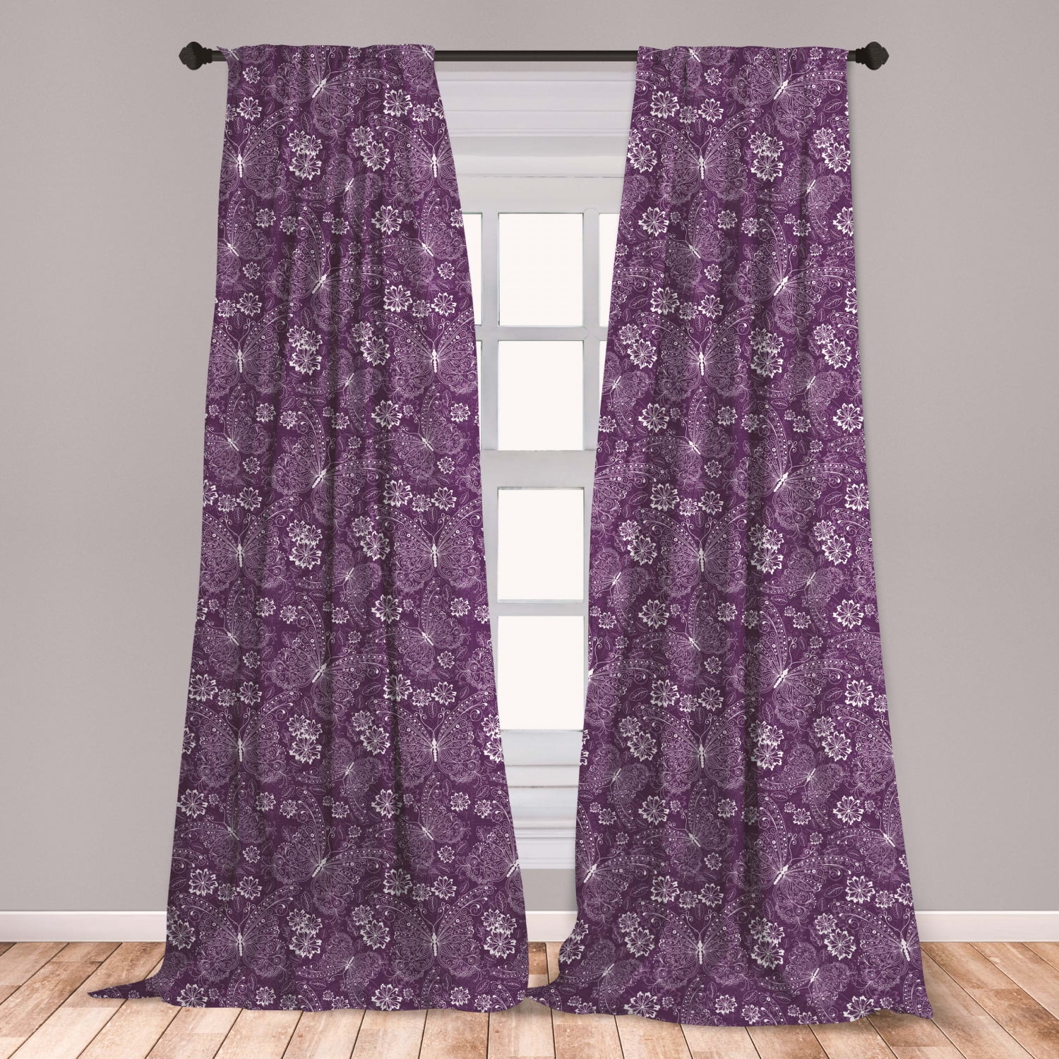 Plum Curtains 2 Panels Set, Floral Romantic Pattern with Vintage Style