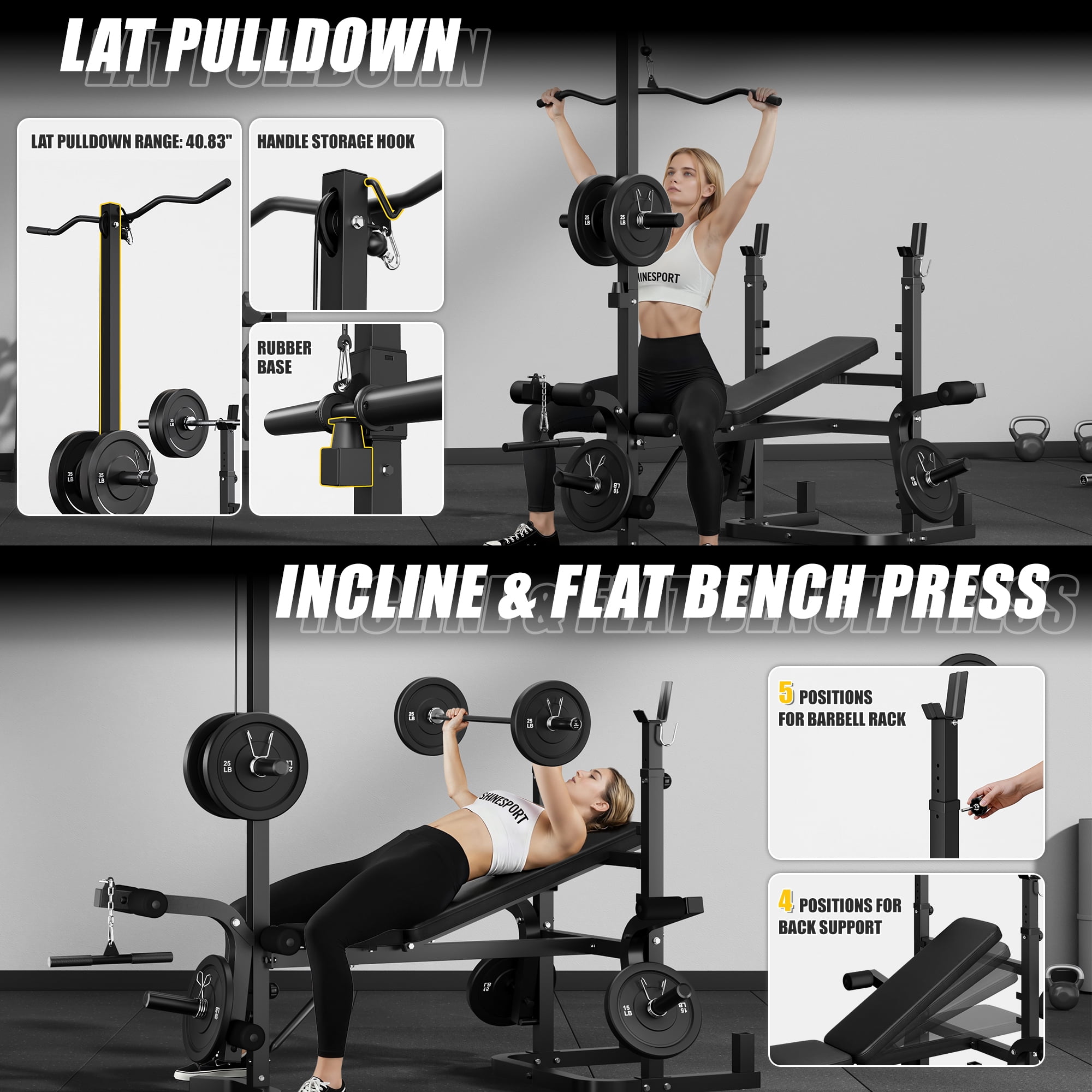 900LBS Olympic Weight Bench,9 in 1 Multifunction Strength Training Bench with Leg Extension,Preacher Curl Pad and LAT Pulldown for Home Gym with Olympic Bar and 120lb Weight Plates,Black