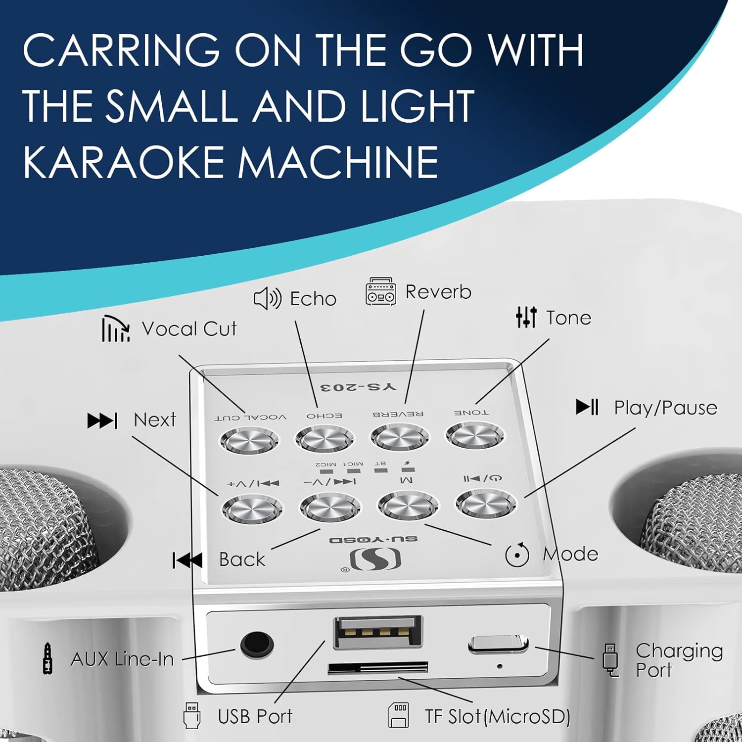 Karaoke Machine with 2 Wireless Mics, Portable Bluetooth Speaker for TV Singing, Home Party & Gifts for Adults, Kids, Boys & Girls White