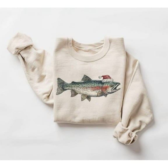 Retro Christmas Rainbow Trout Wearing Santa Hat Sweatshirt, Flyfishing Sweatshirt - Sizes S-5XL ,Art Print JSC