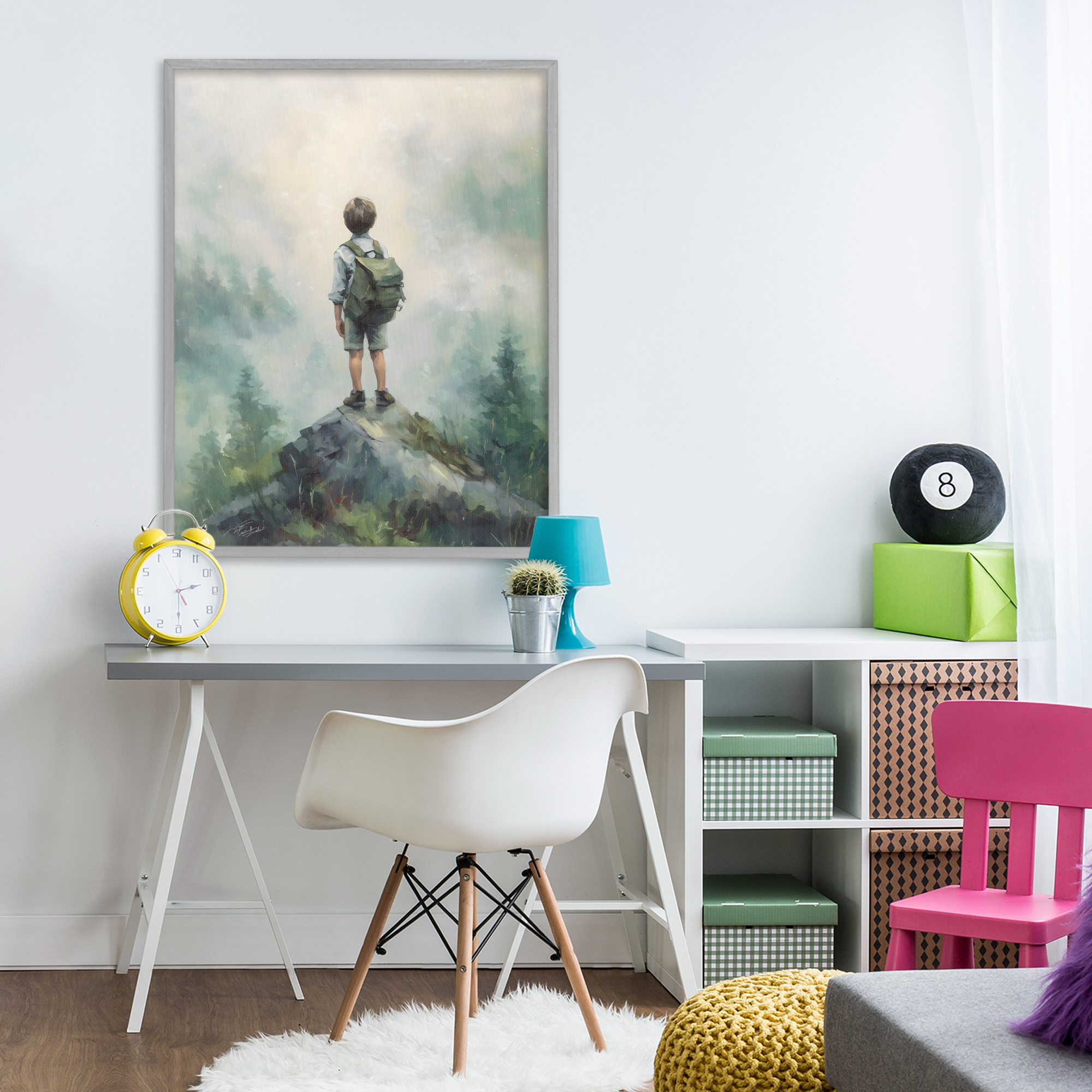 Boy Adventurer Atop Mountain Gray Framed Giclee Art, design by Arlington Prints