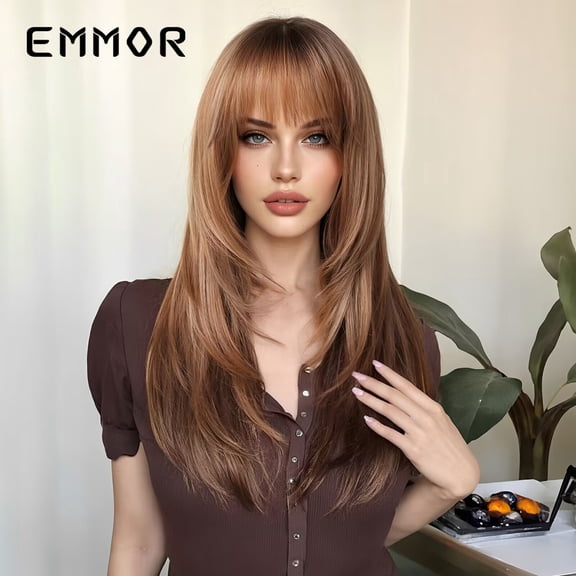 Full Bangs High Layered Gradient Brown Long Straight Hair with Dyed Ends European and American Style Natural Fashion Wig Full Head Hairstyle Wigs