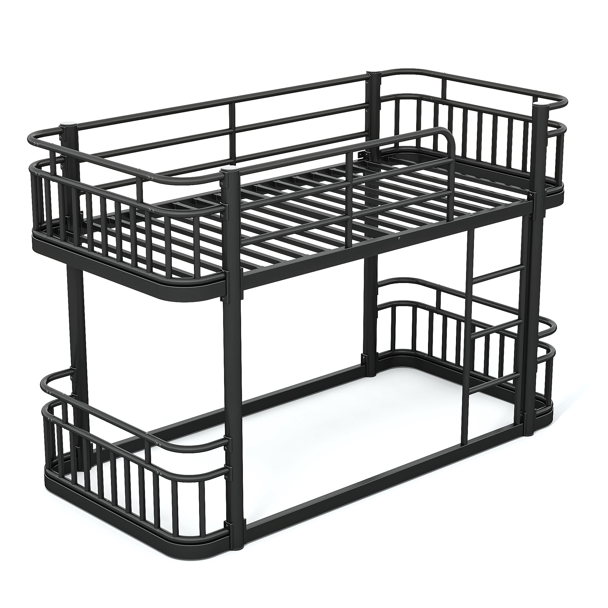 Twin XL Over Twin XL Bunk Bed 81.5 Inch, Metal Bed Frame with Ladder and Full Length Guardrails for Teens Adults, Sturdy Round Pipe Construction, No Box Spring Needed, Black