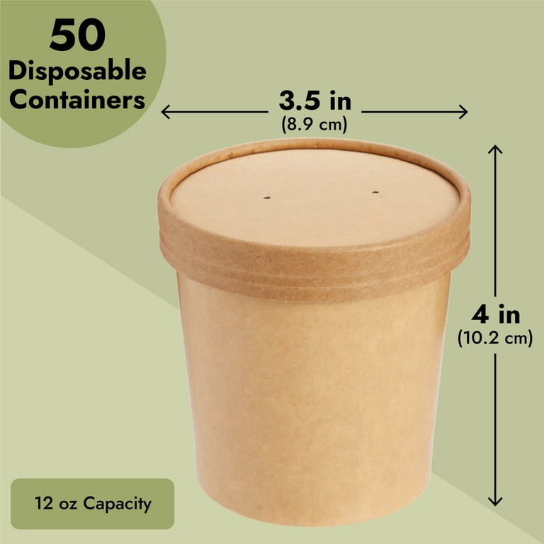 50Pack 12oz Paper Soup Containers with Lids, Disposable Kraft Paper Food Cups, Ice Cream Cups, Paper Food Storage with Lids, Microwavable and