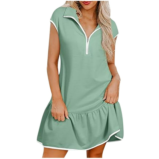 Liquidation d'Été 2025! Robe Grande Taille pour Femmes, Liquidation d'Été pour Femmes, Robe Décontractée Unie à Manches Courtes Demi-Fermeture à Glissière avec Col à Revers