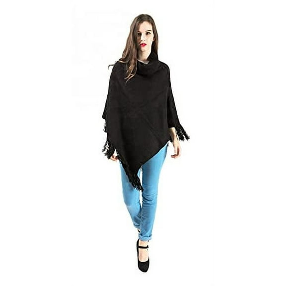 StylesILove Women Autumn Winter Solid Knitted Loose Turtleneck Pullover Fringe Poncho Sweater Soft Wrap Cape Lightweight Shawl (Black)