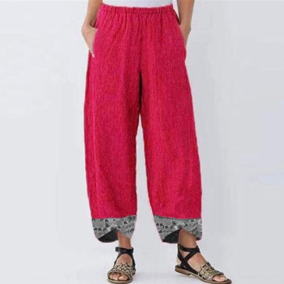 UTTOASFAY Women Casual Pants Cotton Linen Print Irregular Elastic Waist Loose Wide Leg Pants Red M