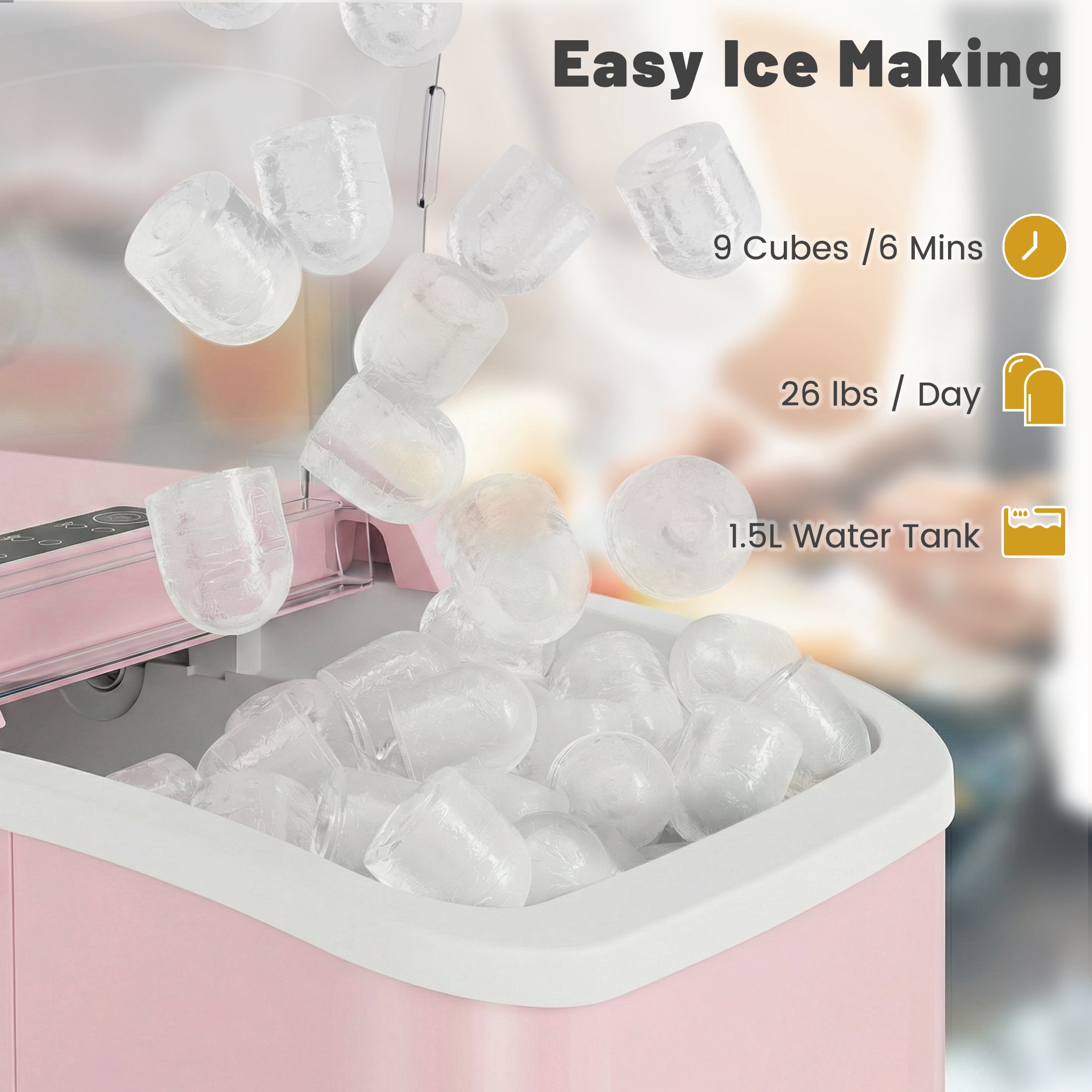 JIOABL Portable Countertop Ice Maker, Self-Cleaning, 9 Cubes in 6 Min, 26 lb/Day, 2L Tank, with Handle, Pink
