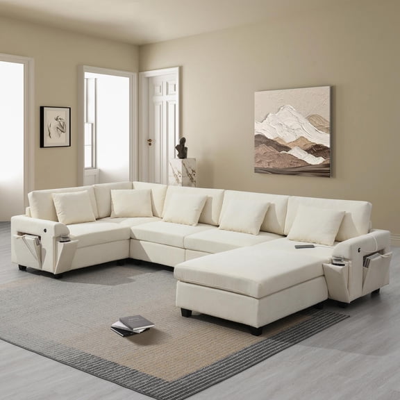Sectional Sofa, U-Shape Sofa, Chenille Couch, 6-Seater Couch with Oversized Ottoman and Armrest Storage for Living Room, Off White