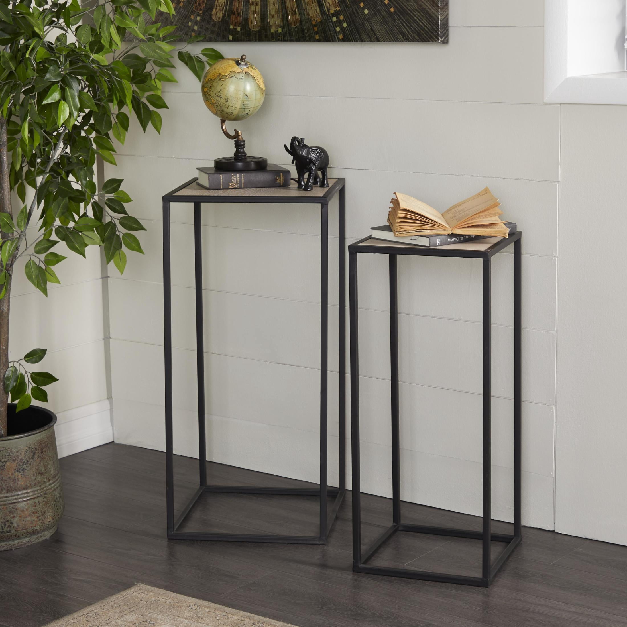 DecMode 10" x 25" Black Metal Rectangle Pedestal Accent Table with Brown Wood Tops, 2-Pieces