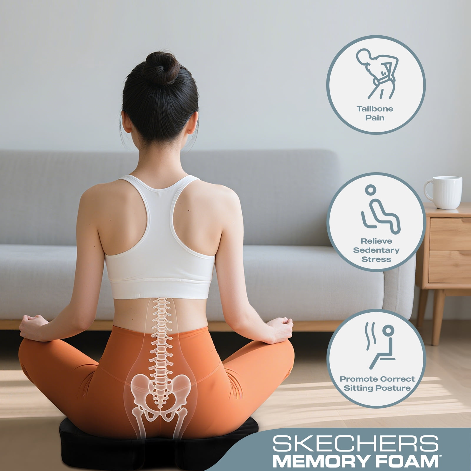 Skechers Car Seat Cushion, Memory Foam Seat Cushion, Ergonomic Support Cushion for Car Seat, Pressure Relief Driving Cushion, Non-Slip Breathable Cushion for Car Office Home, Black