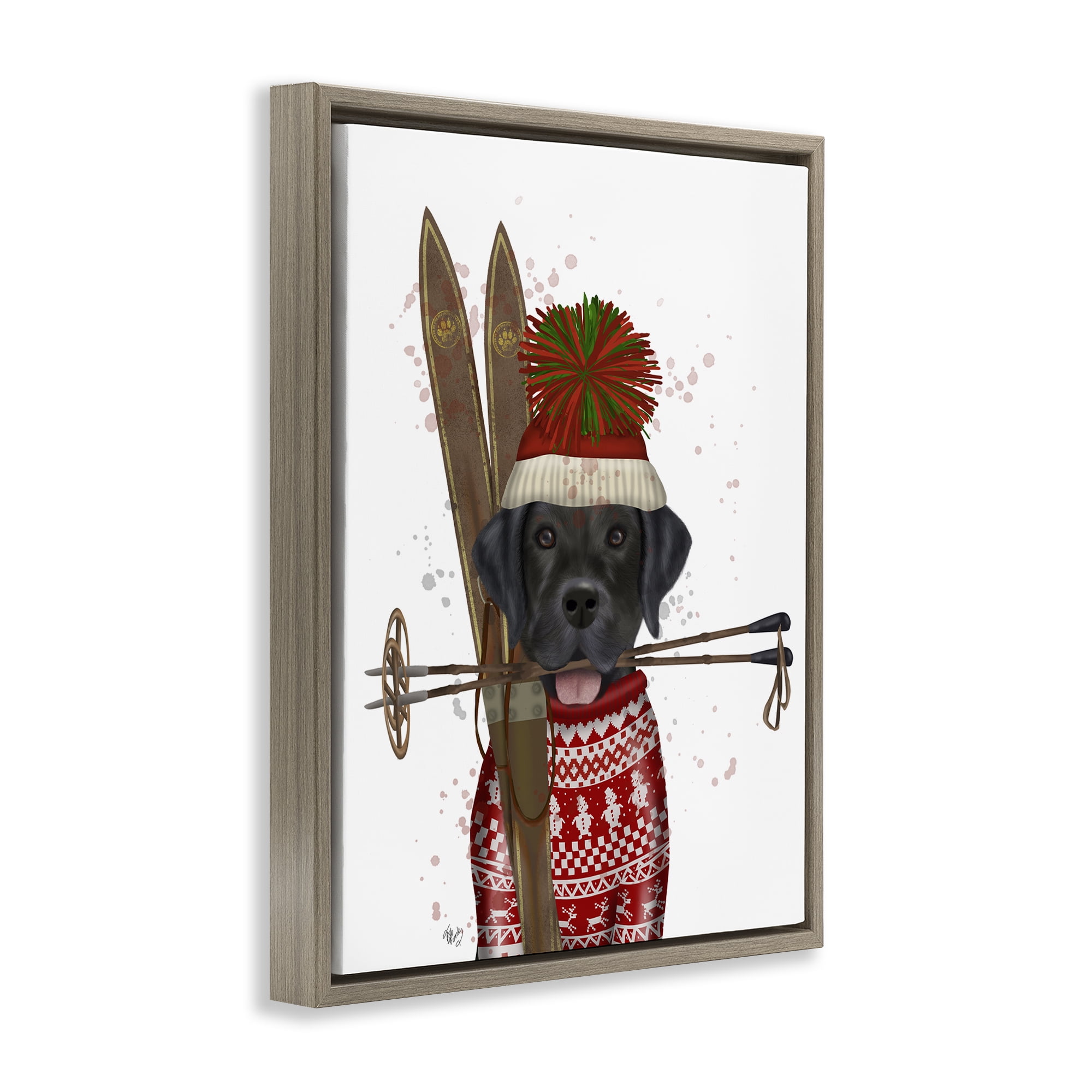 Stupell Industries Black Labrador Skiing Animals & Insects Painting Brown Floater Framed Canvas Art Prints Wall Art, 17 x 21