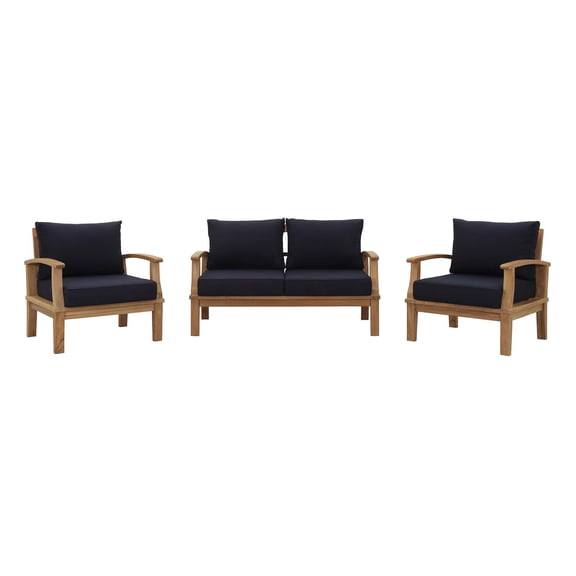 3 pcs Lounge Sofa and Chair Set, Navy Blue, Teak Wood, Outdoor Patio Balcony Cafe Bistro Garden Hospitality Restaurant, Modern Contemporary, HB36926