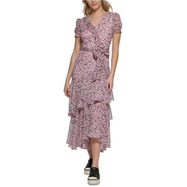 Karl Lagerfeld Robe Maxi Portefeuille à Volants pour Femmes, Multicolore, 4