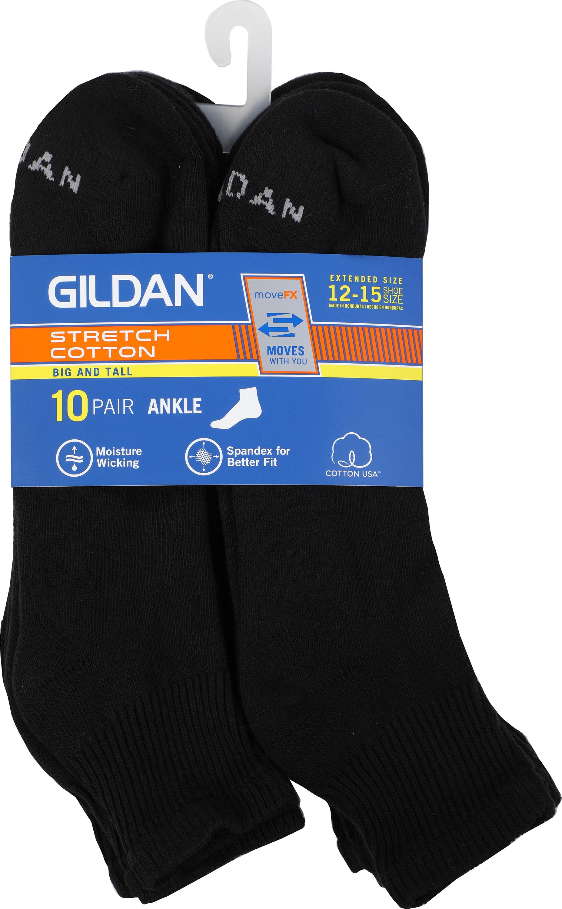 Gildan Men's Big & Tall Performance Cotton moveFX Black Ankle Socks