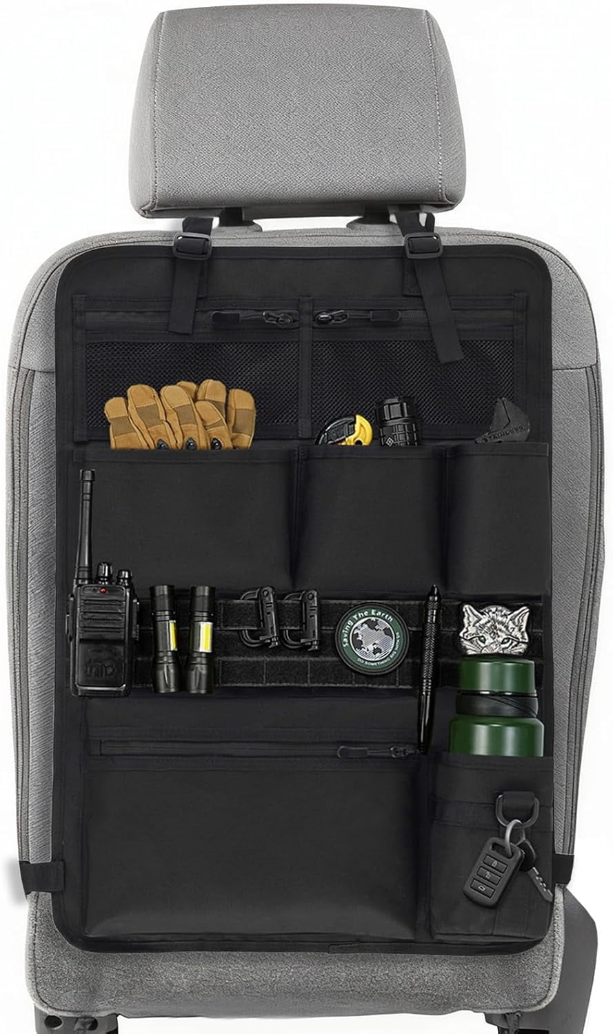 Tactical Car Seat Organizer with Multiple Pockets, MOLLE Panel System & Mesh Compartments, Durable Nylon Universal Vehicle Seat Back Storage with Cup Holder, Water-Resistant (Mud)