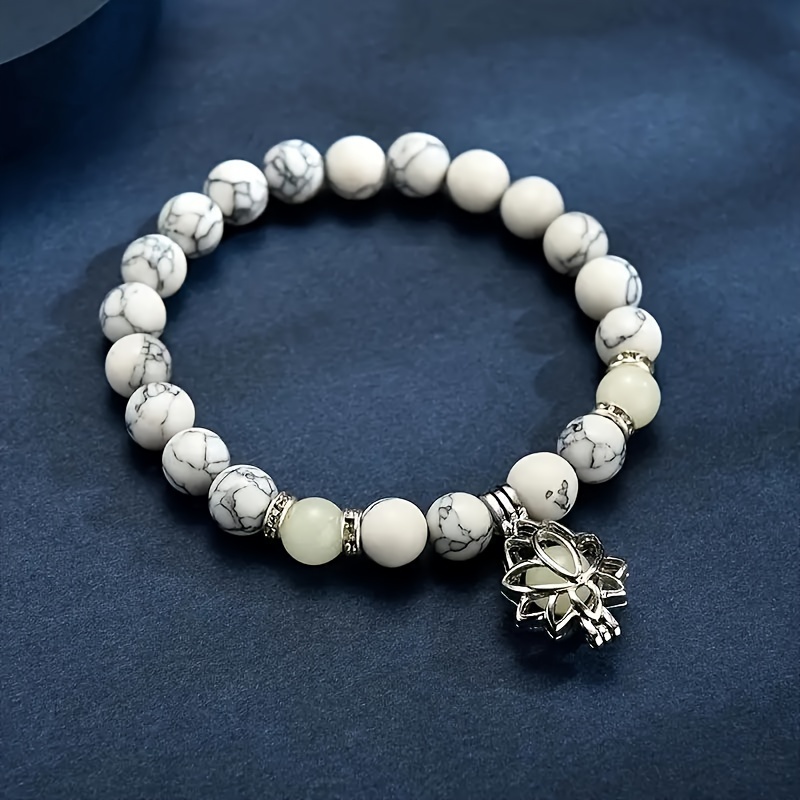 Bohemian Style Turquoise Bead Bracelet with Luminous Lotus Sanskrit Bead Bracelet, Holiday Party Gift Bracelet,White